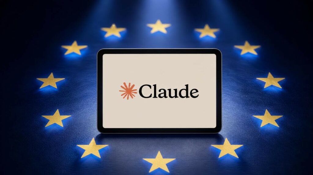 Un tablet digitale posizionato al centro della scena mostra sullo schermo bianco il logo di "Claude", l'intelligenza artificiale di Anthropic. Il logo è composto da un'icona arancione a forma di asterisco stilizzato o sole radioso, affiancata dalla parola "Claude" in un carattere serif nero ed elegante. Il dispositivo è adagiato su una superficie blu scuro che richiama la bandiera dell'Unione Europea. Intorno al tablet sono disposte in cerchio dodici stelle dorate a cinque punte, illuminate dal basso da una luce soffusa azzurra. Due fasci di luce verticali scendono dall'alto, focalizzando l'attenzione sul display centrale.