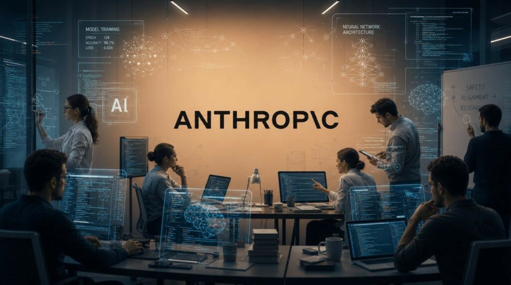 Un laboratorio tecnologico incentrato sul brand Anthropic, dove sviluppatori lavorano tra monitor pieni di codice e proiezioni di reti neurali. Ai lati, figure analizzano grafici e dati sulla sicurezza dell'IA, immersi in un'atmosfera futuristica e collaborativa.