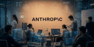 Un laboratorio tecnologico incentrato sul brand Anthropic, dove sviluppatori lavorano tra monitor pieni di codice e proiezioni di reti neurali. Ai lati, figure analizzano grafici e dati sulla sicurezza dell'IA, immersi in un'atmosfera futuristica e collaborativa.