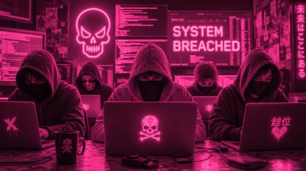 Un'immagine in stile cyberpunk immersa in una vibrante luce neon rosa e magenta. Cinque hacker incappucciati e con il volto coperto da maschere scure sono seduti a una scrivania, concentrati sui propri laptop. Sullo sfondo si notano molteplici schermi di computer carichi di linee di codice; il monitor principale mostra in grande la scritta "SYSTEM BREACHED". Un grande teschio luminoso al neon domina la parete posteriore. Adesivi di teschi e simboli ribelli decorano i computer in primo piano, insieme a una tazza nera marchiata anch'essa con un teschio, amplificando l'atmosfera da attacco informatico clandestino.