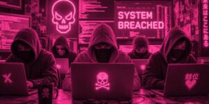 Un'immagine in stile cyberpunk immersa in una vibrante luce neon rosa e magenta. Cinque hacker incappucciati e con il volto coperto da maschere scure sono seduti a una scrivania, concentrati sui propri laptop. Sullo sfondo si notano molteplici schermi di computer carichi di linee di codice; il monitor principale mostra in grande la scritta "SYSTEM BREACHED". Un grande teschio luminoso al neon domina la parete posteriore. Adesivi di teschi e simboli ribelli decorano i computer in primo piano, insieme a una tazza nera marchiata anch'essa con un teschio, amplificando l'atmosfera da attacco informatico clandestino.