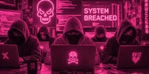 Un'immagine in stile cyberpunk immersa in una vibrante luce neon rosa e magenta. Cinque hacker incappucciati e con il volto coperto da maschere scure sono seduti a una scrivania, concentrati sui propri laptop. Sullo sfondo si notano molteplici schermi di computer carichi di linee di codice; il monitor principale mostra in grande la scritta "SYSTEM BREACHED". Un grande teschio luminoso al neon domina la parete posteriore. Adesivi di teschi e simboli ribelli decorano i computer in primo piano, insieme a una tazza nera marchiata anch'essa con un teschio, amplificando l'atmosfera da attacco informatico clandestino.