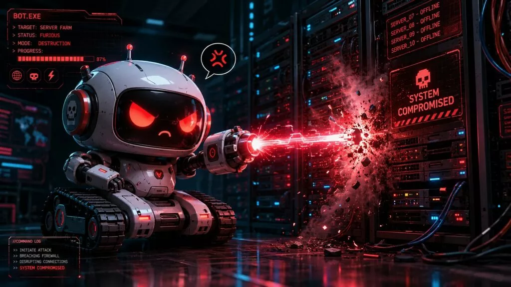 Un robottino bianco in stile cyberpunk, con cingoli neri e occhi rossi e arrabbiati, si trova in una sala server buia. Dal suo braccio-cannone spara un raggio laser rosso che distrugge un rack di server, facendolo esplodere in mille pezzi con fumo e scintille. Un display sul server colpito mostra un teschio e la scritta "SYSTEM COMPROMISED", mentre un elenco a destra segnala che i server da 07 a 10 sono offline. In alto a sinistra, un'interfaccia olografica rossa intitolata "BOT.EXE" mostra lo stato "FURIOUS" e la modalità "DESTRUCTION".
