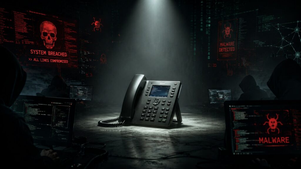 Telefono VoIP senza marchio illuminato da un intenso fascio di luce al centro della scena. Intorno, hacker incappucciati operano nell’ombra tra schermi con codici malevoli, avvisi malware e atmosfera cupa.