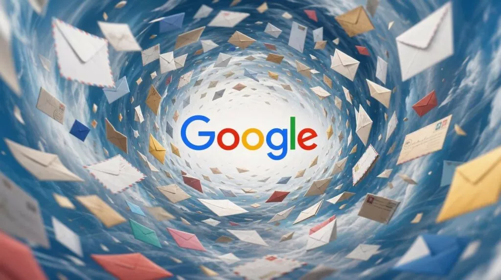 Un vortice dinamico e tridimensionale è composto da centinaia di buste da lettera di varie dimensioni, forme e colori, che fluttuano in cerchio contro uno sfondo di cielo azzurro e nuvole bianche sfumate. Al centro esatto di questo tunnel di corrispondenza si trova il logo ufficiale di Google, nitido e ben visibile, con i suoi iconici colori: blu, rosso, giallo e verde. Le buste, alcune bianche, altre color ocra, rosa, verdi o azzurre, sembrano muoversi rapidamente verso lo spettatore, creando un forte senso di profondità, movimento e flusso digitale associato alla messaggistica.