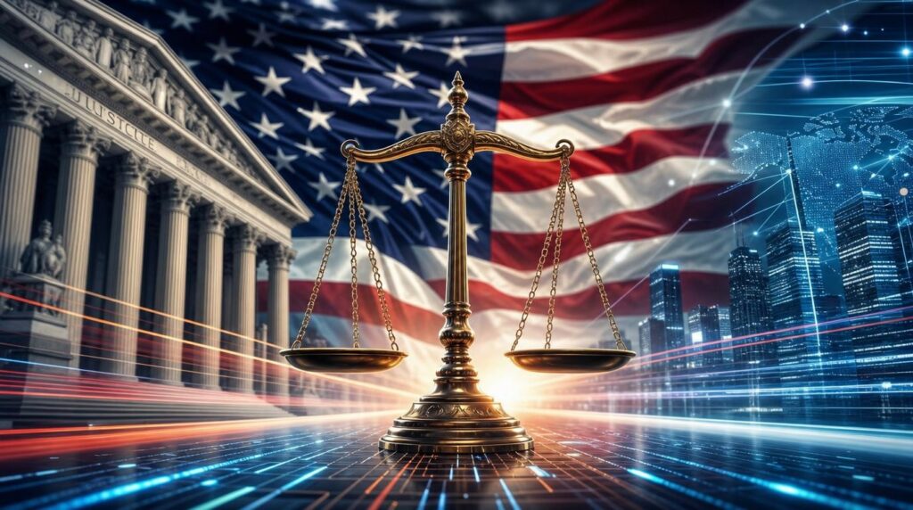 Un'immagine digitale ad alto impatto visivo unisce i temi della giustizia, della tecnologia e del patriottismo americano. Al centro domina una bilancia della giustizia in ottone dorato, perfettamente equilibrata su una superficie riflettente attraversata da circuiti luminosi blu e arancioni. Sullo sfondo si staglia una grande bandiera degli Stati Uniti mossa dal vento. A sinistra emerge la facciata neoclassica di un tribunale con imponenti colonne e statue, mentre a destra risplende lo skyline di una metropoli moderna di notte, sovrastata da una rete globale di dati connessi. Scie di luce dinamiche collegano passato e futuro.