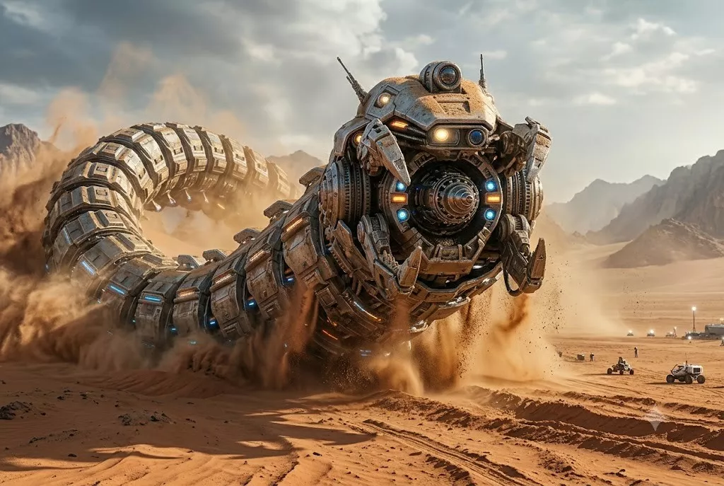 Un imponente verme meccanico robotico emerge dalle dune di un deserto sabbioso, sollevando nuvole di polvere. La creatura cyborg ha un corpo massiccio segmentato con placche metalliche beige e grigie. La testa è dotata di grandi fauci meccaniche artigliate, luci azzurre e arancioni disposte in cerchio e sensori sulla sommità. Sullo sfondo si vedono montagne rocciose e piccoli veicoli fuoristrada che fuggono sulla sabbia, enfatizzando le dimensioni colossali del mostro fantascientifico.