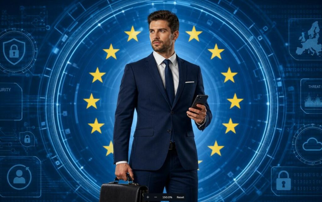 Un uomo in abito elegante blu scuro, camicia bianca e cravatta è al centro dell'inquadratura, con lo sguardo rivolto a sinistra. Nella mano destra tiene una valigetta nera, mentre con la sinistra regge uno smartphone. Sullo sfondo si staglia un grande cerchio di stelle gialle, simbolo dell'Unione Europea, inserito in un'interfaccia digitale blu e futuristica. Ai lati compaiono icone di cybersicurezza, tra cui lucchetti, una sagoma umana protetta, grafici di minacce informatiche e una mappa dell'Europa, che suggeriscono temi legati alla protezione dei dati, alla tecnologia e alla politica europea.
