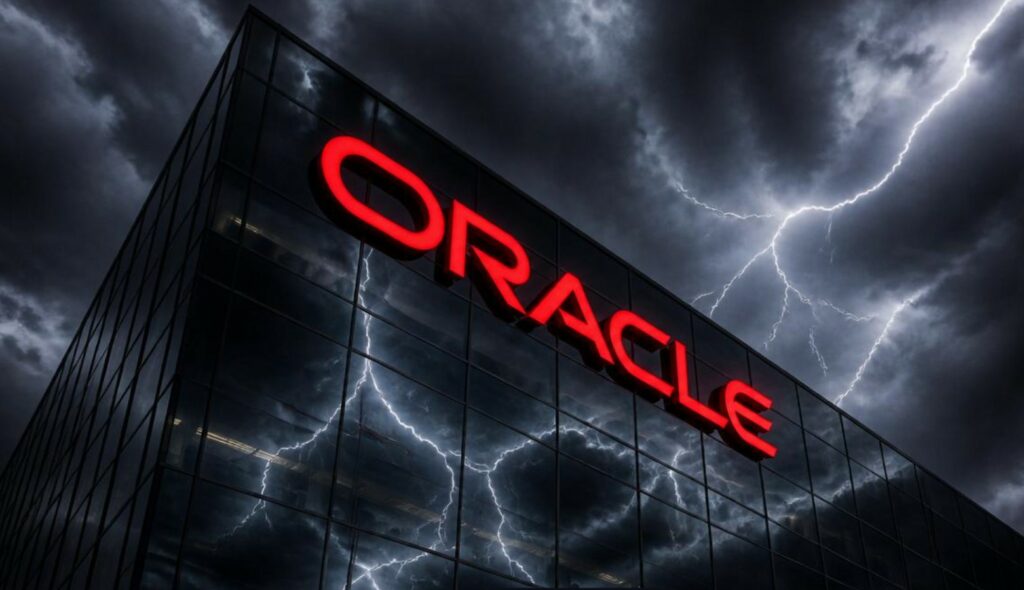 una immagine che mostra il logo di oracle in un ufficio a vetri e tanti lampi e saette