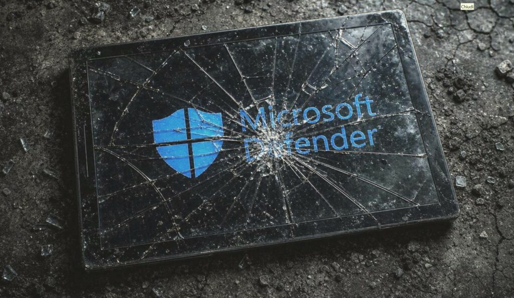 Un tablet nero è adagiato a terra su un terreno scuro, arido e crepato, circondato da piccoli frammenti di vetro. Lo schermo del dispositivo è completamente frantumato, con una fitta ragnatela di crepe che si dirama dal centro verso i bordi. Nonostante i gravi danni alla superficie, sul display spento è chiaramente visibile il logo blu di Microsoft Defender: uno scudo diviso in quattro sezioni che richiama la tipica forma della finestra di Windows. Accanto allo scudo compare la scritta testuale "Microsoft Defender" in un carattere lineare blu. L'atmosfera generale è cupa, drammatica e fortemente contrastata.