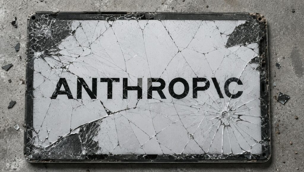 Un'inquadratura dall'alto mostra il display gravemente danneggiato di un dispositivo elettronico piatto, simile a un tablet o uno schermo, posato su una superficie di cemento grigio e grezzo. Il vetro protettivo è attraversato da una fitta ragnatela di crepe profonde, con un evidente punto d'impatto circolare nell'angolo in basso a destra e piccoli frammenti mancanti ai bordi. Al centro del display bianco opaco, parzialmente oscurato dalle fratture, campeggia la scritta "ANTHROPIC" in lettere maiuscole nere e stilizzate. Piccoli pezzi di vetro rotto sono sparsi sul cemento circostante, accentuando un'atmosfera di distruzione, usura e decadimento tecnologico.