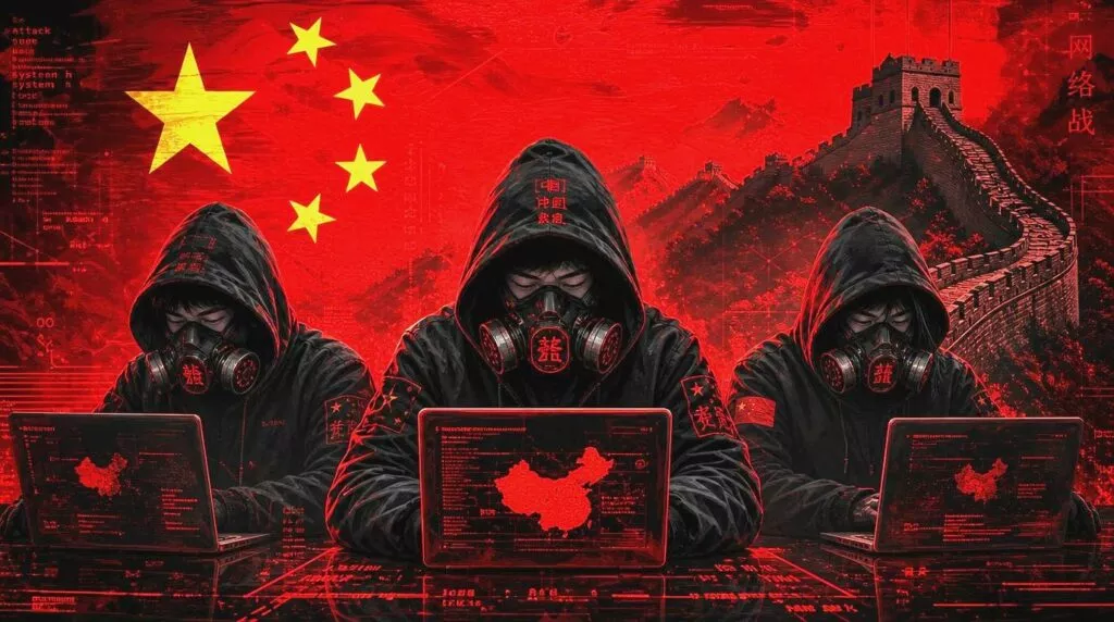 degli hacker. Indossano maschere antigas e felpe con cappuccio. Sullo sfondo domina un'intensa grafica rossa che combina elementi simbolici della Cina: in alto a sinistra spiccano le cinque stelle dorate della bandiera cinese, mentre a destra si snoda la Grande Muraglia tra montagne stilizzate. Gli schermi dei laptop mostrano interfacce digitali rosse con mappe della Cina e stringhe di codice. L'atmosfera generale è cupa, cibernetica e carica di tensione geopolitica, enfatizzata dal forte contrasto tra il rosso acceso e il nero.