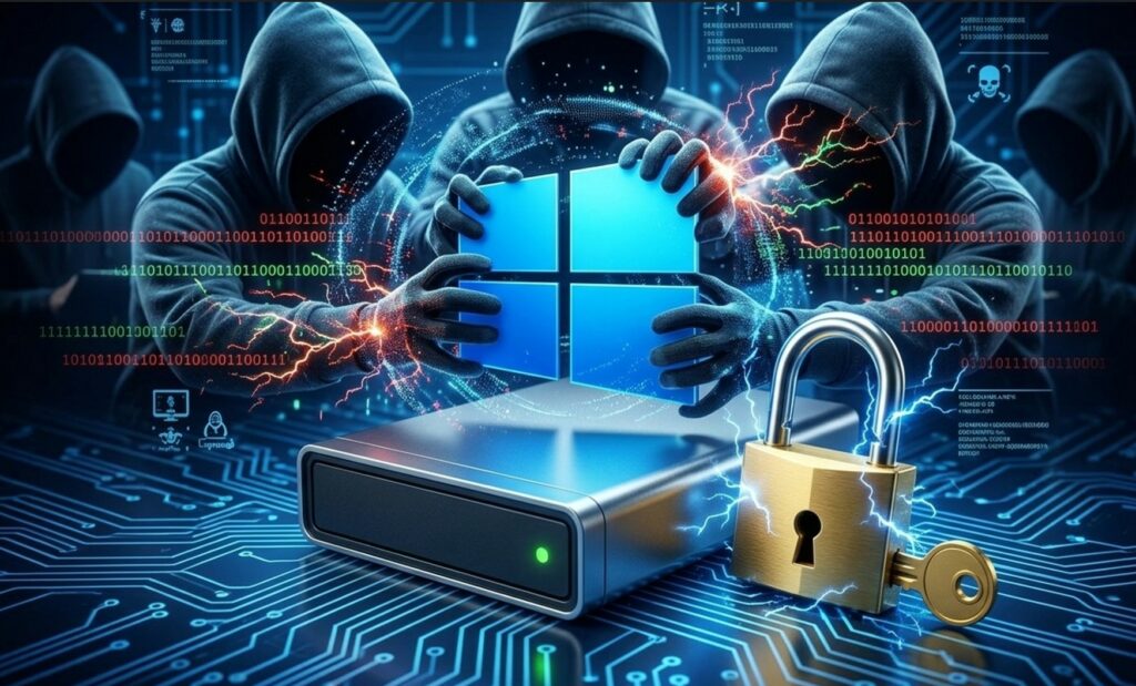 L'immagine mostra una scena ad alta tensione in cui il logo di Windows, simbolo del sistema BitLocker posizionato al centro sopra l'hard disk, viene assalito da diverse figure sinistre di hacker con il cappuccio calato sul volto, intenti ad afferrarlo con le mani coperte da guanti.
