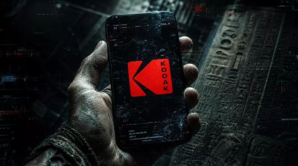 Una mano sporca e segnata dal tempo, che sembra appartenere a un esploratore o a uno scienziato in un ambiente sotterraneo o antico, stringe uno smartphone scuro. Sullo schermo del telefono è proiettato il logo rosso brillante di KODAK, che risalta nel buio circostante. Intorno allo schermo e sullo sfondo, si intravedono tracce di glitch digitali e glitch art, che si mescolano a elementi antichi come geroglifici egizi o testi invecchiati su una superficie di pietra. L'immagine fonde la tecnologia moderna con l'archeologia e la scoperta, evocando un senso di mistero e avventura tecnologica. L'atmosfera è cupa e intrigante.