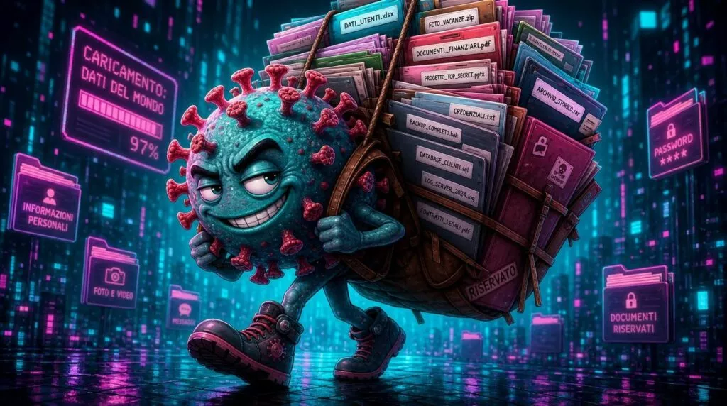 Un personaggio antropomorfo a forma di virus, con un sorriso malizioso e grandi occhi espressivi, cammina portando in spalla un enorme zaino colmo di file digitali in un ambiente cyberpunk neon. Il virus, di colore verde acqua con spuntoni rossi, indossa stivali scuri e ruba dati sensibili. Tra le cartelle colorate nello zaino spiccano etichette in italiano come "DATI_UTENTI.xlsx", "CREDENZIALI.txt" e "PROGETTO_TOP_SECRET.pptx". Sullo sfondo futuristico, schermi olografici rosa e viola mostrano scritte come "CARICAMENTO: DATI DEL MONDO 97%" e icone per password e informazioni personali, rappresentando visivamente un grave attacco informatico di esfiltrazione dati.