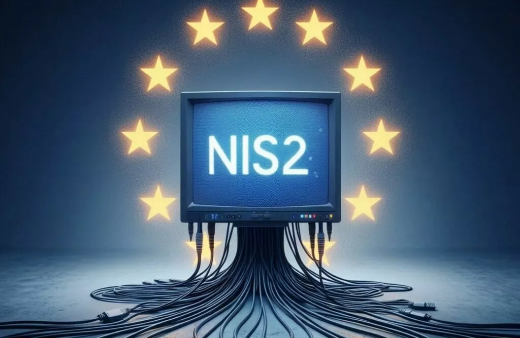 L'immagine è un'illustrazione digitale, dallo stile concettuale e leggermente retrò-futuristico, incentrata sul tema della sicurezza informatica nell'Unione Europea. Ecco una descrizione dettagliata degli elementi principali: Il monitor centrale: Al centro della scena si trova un vecchio monitor televisivo a tubo catodico (CRT) di colore scuro. Sullo schermo, che ha una texture blu sgranata, campeggia la scritta "NIS2" a grandi lettere bianche e luminose (un chiaro riferimento alla Direttiva NIS 2 sulla cybersicurezza nell'UE). I cavi: Dalla parte inferiore del monitor pende una fitta matassa di cavi neri che si diramano verso il basso, poggiandosi sul pavimento e suggerendo l'idea di una complessa infrastruttura di rete o di connessioni digitali. Le stelle dell'Unione Europea: Sullo sfondo, disposte in cerchio attorno al monitor, ci sono diverse grandi stelle gialle e luminose, che richiamano esplicitamente la bandiera europea. La luce delle stelle crea un forte contrasto con l'ambiente circostante. Sfondo e atmosfera: Lo sfondo è una parete liscia di colore blu-grigio opaco. L'illuminazione complessiva è soffusa e proviene principalmente dallo schermo e dalle stelle, conferendo all'immagine un'atmosfera tecnologica e istituzionale.