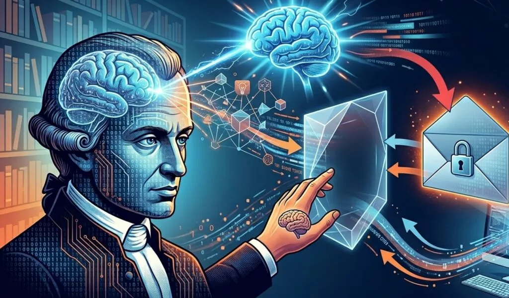 L'immagine è un'illustrazione concettuale e stilizzata che fonde elementi della filosofia classica, come i ritratti d'epoca, con simboli moderni della tecnologia e della cibernetica. La scena, immersa in un ambiente notturno con scaffali di libreria illuminati soffusamente, presenta a sinistra la figura centrale: un uomo dall'aspetto nobiliare del XVIII secolo, con parrucca incipriata e abito formale scuro. La sua pelle e il suo vestito sono solcati da intricate linee di circuiti e filamenti luminosi color ciano e arancio, e all'interno del suo cranio visibile risplende un cervello radioso e azzurro, che emana fasci di luce. Da questo cervello, linee di dati e icone galleggianti, tra cui cubi, molecole e una piccola lampadina, si proiettano verso destra. Al centro della composizione, una mano maschile tesa, con il palmo rivolto in avanti e anch'essa decorata da circuiti e un piccolo simbolo di un cervello luminoso sulla mano stessa, interagisce con una struttura poligonale trasparente e cristallina che funge da interfaccia o filtro. Questa interfaccia riflette e amplifica i dati e le luci. Sulla destra, sospesa a mezz'aria, si trova un'icona di un'email a forma di busta bianca, con un lucchetto azzurro al centro. Attorno a questa busta ruotano frecce colorate che indicano il flusso di informazioni e messaggi. Sotto la busta si trova un computer desktop moderno con uno schermo scuro, circondato da un flusso concentrico di dati e una piccola icona di un server. L'intera scena è pervasa da un'estetica digitale e retrofuturistica, con un forte contrasto tra l'antico e il moderno.