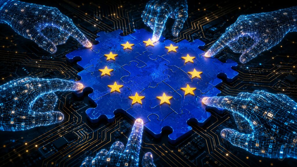 composizione visiva ad alto impatto concettuale, focalizzata sul tema dell'integrazione tecnologica e digitale all'interno dell'Unione Europea. Al centro della scena si trova un grande puzzle tridimensionale di colore blu intenso che riproduce la forma e l'estetica della bandiera europea, completo delle sue dodici stelle dorate a cinque punte disposte in cerchio. La superficie del puzzle mostra una trama complessa e semitrasparente che ricorda una mappa globale o una rete di dati interconnessi. Attorno a questa struttura centrale convergono diverse mani robotiche o cibernetiche, che sembrano fatte di pura energia e dati. Queste mani sono rese attraverso una fitta griglia digitale bluastra e luminosa (un effetto wireframe o mesh), costellata di piccoli nodi e pixel dorati che brillano intensamente sulle punta delle dita nel momento in cui toccano o orientano le tessere del puzzle. L'intera composizione poggia su uno sfondo scuro che rappresenta un gigantesco e intricato circuito stampato. Linee di conduzione dorate, simili a fiumi di dati o impulsi elettrici, si snodano in ogni direzione, creando profondità e accentuando l'atmosfera cyberpunk e futuristica. L'illuminazione è fortemente contrastata, con i punti di luce dorata che emergono dal blu dominante, conferendo all'immagine un aspetto altamente tecnologico, nitido e chiaramente generato tramite intelligenza artificiale.