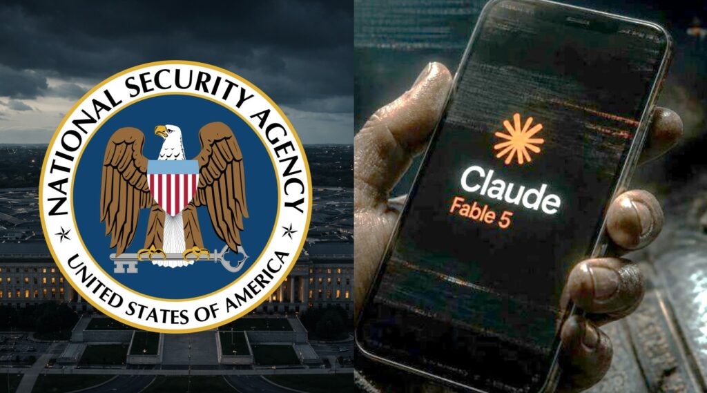 L'immagine è divisa verticalmente in due sezioni distinte che accostano elementi legati alla sicurezza nazionale americana e alla tecnologia dell'intelligenza artificiale. Nella metà sinistra è presente in primo piano il logo ufficiale della National Security Agency degli Stati Uniti d'America. Il sigillo circolare mostra un'aquila ad ali spiegate con uno scudo a strisce verticali rosse, bianche e blu sul petto. Tra gli artigli dell'aquila si trova una chiave argentata posizionata in orizzontale. Il cerchio esterno del logo contiene la scritta in lettere maiuscole nere "NATIONAL SECURITY AGENCY" nella parte superiore e "UNITED STATES OF AMERICA" nella parte inferiore, separate da due piccole stelle a cinque punte. Sullo sfondo si intravede una veduta aerea notturna o crepuscolare del Pentagono sotto un cielo nuvoloso e cupo. Nella metà destra dell'immagine, in un'ambientazione dai toni scuri e metallici, una mano stringe uno smartphone orientato in verticale. Sullo schermo del telefono è visibile un logo arancione a forma di asterisco stilizzato o sole radiante, associato all'azienda di intelligenza artificiale Anthropic. Subito sotto compare la scritta "Claude" in caratteri bianchi e, ancora più in basso, la dicitura "Fable 5" in un carattere arancione. La mano che impugna il telefono ha una texture e riflessi che ricordano la superficie di una statua di bronzo o di un materiale metallico scuro. Lo sfondo dietro la mano appare sfocato e indefinito, mantenendo la stessa atmosfera industriale e cupa della scena.