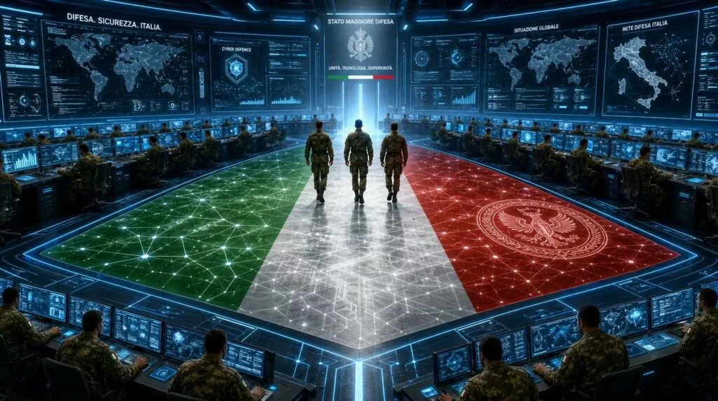 Questa immagine mostra una vasta e futuristica sala di controllo militare, fortemente caratterizzata da elementi visivi legati all'Italia e alla sua difesa nazionale. L'ambiente è dominato da tonalità scure e luci blu al neon che delineano le postazioni operative e i grandi schermi digitali disposti lungo le pareti semicircolari sullo sfondo. Al centro della stanza, sul pavimento, è proiettata o stampata una gigantesca bandiera italiana tricolore (verde, bianca e rossa), arricchita da una trama geometrica di linee luminose interconnesse che ricordano una rete neurale o informatica. Sulla sezione rossa della bandiera è visibile un grande stemma circolare dorato raffigurante un'aquila araldica ad ali spiegate. Tre figure in uniforme militare mimetica sono ritratte di spalle mentre camminano fisse verso il centro dello sfondo, ciascuna posizionata esattamente su una delle tre fasce di colore della bandiera sul pavimento. Tutto intorno a loro si sviluppa una complessa struttura a ferro di cavallo su più livelli, dove decine di operatori, anch'essi in divisa militare e visti di spalle, siedono davanti a file ordinate di monitor che mostrano grafici, dati e mappe digitali. Sui grandi schermi principali posizionati in alto sulla parete di fondo si notano diverse scritte in lingua italiana e inglese, tra cui "DIFESA. SICUREZZA. ITALIA.", "CYBER DEFENCE", "SITUAZIONE GLOBALE" e "RETE DIFESA ITALIA", accompagnate da planisferi e dettagliate mappe della penisola italiana. Al centro esatto, sopra l'uscita o il varco centrale verso cui camminano i tre militari, campeggia la scritta "STATO MAGGIORE DIFESA" sormontata dallo stemma ufficiale della Repubblica Italiana e dal motto "UNITÀ. TECNOLOGIA. SUPERIORITÀ.", completato da una piccola striscia tricolore. L'atmosfera generale evoca un centro di comando ad altissima tecnologia dedicato alla sicurezza nazionale e alla cyber-difesa.