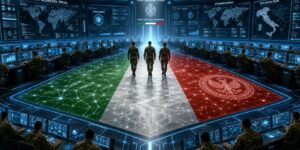 Questa immagine mostra una vasta e futuristica sala di controllo militare, fortemente caratterizzata da elementi visivi legati all'Italia e alla sua difesa nazionale. L'ambiente è dominato da tonalità scure e luci blu al neon che delineano le postazioni operative e i grandi schermi digitali disposti lungo le pareti semicircolari sullo sfondo. Al centro della stanza, sul pavimento, è proiettata o stampata una gigantesca bandiera italiana tricolore (verde, bianca e rossa), arricchita da una trama geometrica di linee luminose interconnesse che ricordano una rete neurale o informatica. Sulla sezione rossa della bandiera è visibile un grande stemma circolare dorato raffigurante un'aquila araldica ad ali spiegate. Tre figure in uniforme militare mimetica sono ritratte di spalle mentre camminano fisse verso il centro dello sfondo, ciascuna posizionata esattamente su una delle tre fasce di colore della bandiera sul pavimento. Tutto intorno a loro si sviluppa una complessa struttura a ferro di cavallo su più livelli, dove decine di operatori, anch'essi in divisa militare e visti di spalle, siedono davanti a file ordinate di monitor che mostrano grafici, dati e mappe digitali. Sui grandi schermi principali posizionati in alto sulla parete di fondo si notano diverse scritte in lingua italiana e inglese, tra cui "DIFESA. SICUREZZA. ITALIA.", "CYBER DEFENCE", "SITUAZIONE GLOBALE" e "RETE DIFESA ITALIA", accompagnate da planisferi e dettagliate mappe della penisola italiana. Al centro esatto, sopra l'uscita o il varco centrale verso cui camminano i tre militari, campeggia la scritta "STATO MAGGIORE DIFESA" sormontata dallo stemma ufficiale della Repubblica Italiana e dal motto "UNITÀ. TECNOLOGIA. SUPERIORITÀ.", completato da una piccola striscia tricolore. L'atmosfera generale evoca un centro di comando ad altissima tecnologia dedicato alla sicurezza nazionale e alla cyber-difesa.