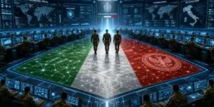 Questa immagine mostra una vasta e futuristica sala di controllo militare, fortemente caratterizzata da elementi visivi legati all'Italia e alla sua difesa nazionale. L'ambiente è dominato da tonalità scure e luci blu al neon che delineano le postazioni operative e i grandi schermi digitali disposti lungo le pareti semicircolari sullo sfondo. Al centro della stanza, sul pavimento, è proiettata o stampata una gigantesca bandiera italiana tricolore (verde, bianca e rossa), arricchita da una trama geometrica di linee luminose interconnesse che ricordano una rete neurale o informatica. Sulla sezione rossa della bandiera è visibile un grande stemma circolare dorato raffigurante un'aquila araldica ad ali spiegate. Tre figure in uniforme militare mimetica sono ritratte di spalle mentre camminano fisse verso il centro dello sfondo, ciascuna posizionata esattamente su una delle tre fasce di colore della bandiera sul pavimento. Tutto intorno a loro si sviluppa una complessa struttura a ferro di cavallo su più livelli, dove decine di operatori, anch'essi in divisa militare e visti di spalle, siedono davanti a file ordinate di monitor che mostrano grafici, dati e mappe digitali. Sui grandi schermi principali posizionati in alto sulla parete di fondo si notano diverse scritte in lingua italiana e inglese, tra cui "DIFESA. SICUREZZA. ITALIA.", "CYBER DEFENCE", "SITUAZIONE GLOBALE" e "RETE DIFESA ITALIA", accompagnate da planisferi e dettagliate mappe della penisola italiana. Al centro esatto, sopra l'uscita o il varco centrale verso cui camminano i tre militari, campeggia la scritta "STATO MAGGIORE DIFESA" sormontata dallo stemma ufficiale della Repubblica Italiana e dal motto "UNITÀ. TECNOLOGIA. SUPERIORITÀ.", completato da una piccola striscia tricolore. L'atmosfera generale evoca un centro di comando ad altissima tecnologia dedicato alla sicurezza nazionale e alla cyber-difesa.