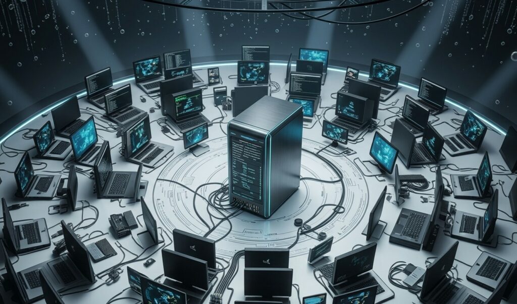 un'ambientazione tecnologica e futuristica, caratterizzata da una complessa rete di computer disposti in modo concentrico attorno a un fulcro centrale. La scena è dominata da toni freddi, prevalentemente grigi, neri e sfumature di azzurro neon, che conferiscono all'ambiente un'atmosfera da centro di controllo o da sala server avanzata. Al centro esatto della composizione si trova un imponente case di computer o server verticale, di forma rettangolare e di colore scuro, che funge da nucleo dell'intero sistema. Il pannello frontale di questa unità centrale mostra linee di testo e dati luminosi, che richiamano l'interfaccia di un terminale di programmazione. Da questo server centrale si dipana una fitta matassa di cavi neri che si collegano radialmente verso l'esterno, evocando l'idea di un sistema nervoso digitale o di una rete neurale artificiale. La superficie su cui poggiano gli elementi è di un bianco opaco, incisa con cerchi concentrici e linee geometriche sottili che accentuano la struttura simmetrica e circolare dell'installazione. Attorno al server centrale sono disposti decine di computer portatili, posizionati in cerchi progressivamente più ampi. Molti di questi laptop sono aperti e i loro schermi mostrano grafici complessi, flussi di dati astratti, linee di codice e interfacce digitali illuminate di un azzurro brillante. Alcuni portatili sono rivolti verso l'interno, altri verso l'esterno o di profilo, creando un senso di densità e di elaborazione dati massiva. Tra i computer si notano anche altri componenti hardware minori, come alimentatori, hub di connessione e piccoli schermi secondari, tutti collegati alla stessa intricata rete di cavi. Sullo sfondo, la stanza si sviluppa verso l'alto con pareti scure e leggermente curve che racchiudono la scena. Dalla parte superiore dell'inquadratura pendono elementi verticali luminosi ed effetti di luce che ricordano stringhe di codice binario o gocce digitali che cadono, simili all'effetto visivo di un flusso di dati in stile "Matrix". Dei faretti direzionali posizionati in alto proiettano fasci di luce soffusa verso il basso, illuminando la parte centrale della struttura e creando un forte contrasto con l'oscurità circostante, enfatizzando la sacralità tecnologica del server centrale.