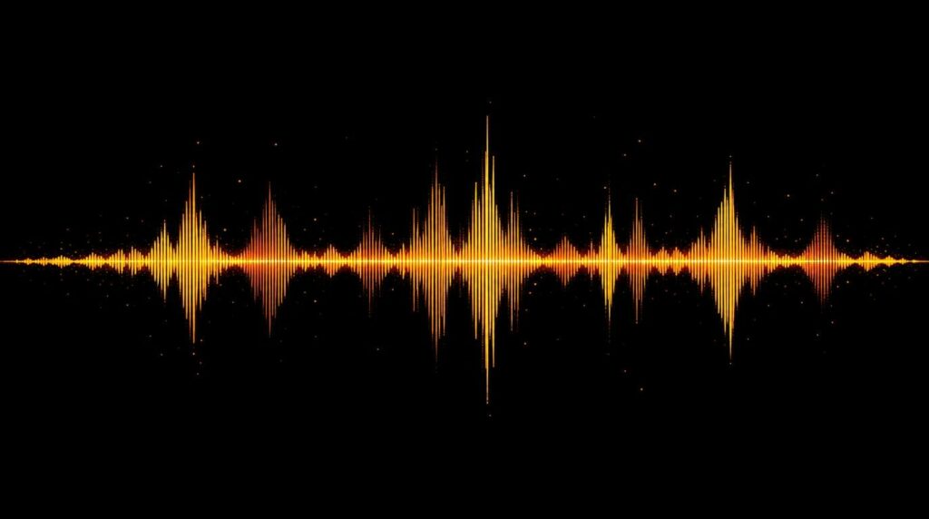 Questa immagine mostra una rappresentazione grafica di un'onda sonora, disposta orizzontalmente ed estesamente al centro della composizione, su uno sfondo completamente nero e profondo. L'onda è composta da una fitta successione di linee verticali parallele che oscillano in altezza, espandendosi simmetricamente sia verso l'alto sia verso il basso rispetto a una linea mediana immaginaria. La gamma cromatica della traccia audio è vibrante e calda, caratterizzata da intense sfumature che vanno dal giallo dorato brillante nei punti più alti e interni, fino a un arancione acceso e a tonalità ramate lungo i bordi esterni e nelle sezioni a minore ampiezza. Questa luminosità conferisce all'onda un aspetto quasi incandescente, simile a un impulso di energia o a una scarica elettrica fluttuante nel buio. L'andamento dell'onda non è uniforme, ma presenta un ritmo dinamico scandito da diversi picchi di ampiezza che si alternano a zone più basse e compresse. Il picco più alto e pronunciato si trova leggermente spostato verso la metà destra del grafico, dove le linee verticali si allungano notevolmente, creando una netta punta acuminata sia nella parte superiore sia in quella inferiore. Ai lati di questo fulcro centrale si sviluppano altre creste minori, disposte in modo apparentemente casuale ma armonicamente bilanciato, che evocano le variazioni di volume, l'intensità o il ritmo di un brano musicale o di una frequenza vocale. Ad arricchire l'atmosfera visiva vi è una leggera nuvola di minuscole particelle luminose e puntini dorati sparsi tutt'attorno all'onda. Questo pulviscolo brillante è più denso in prossimità dei picchi massimi e tende a diradarsi verso lo sfondo nero, regalando all'intera immagine un effetto magico, etereo e tridimensionale, come se il suono stesso stesse sprigionando scintille di luce nello spazio circostante.