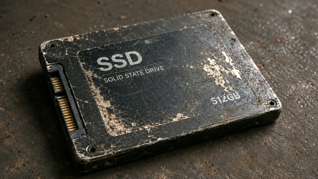 Questa immagine mostra in primo piano un'unità a stato solido, comunemente nota come SSD, da 2,5 pollici. Il dispositivo appare fortemente usurato, graffiato e danneggiato, posizionato in diagonale su una superficie scura, ruvida e polverosa che richiama un banco da lavoro metallico o del cemento industriale. La scocca esterna dell'SSD è di colore nero opaco, ma presenta estesi segni di deterioramento, abrasioni profonde e zone in cui la vernice si è staccata, rivelando il metallo sottostante con sfumature argentee e tracce che ricordano la ruggine o l'ossidazione. Al centro del lato superiore spicca la scritta bianca "SSD" in lettere maiuscole e con un font lineare, accompagnata subito sotto dalla dicitura più piccola "SOLID STATE DRIVE". In basso a destra, sempre in bianco, è chiaramente indicata la capacità di memoria del dispositivo, pari a "512GB". Sul lato sinistro dell'unità sono visibili i connettori dorati dell'interfaccia SATA, suddivisi nel segmento più stretto per i dati e in quello più largo per l'alimentazione. Agli angoli della scocca si notano i piccoli fori per le viti di fissaggio, anch'essi segnati dal tempo e dalla sporcizia. L'illuminazione è d'atmosfera e proviene principalmente dall'alto, creando ombre decise sul piano d'appoggio e mettendo in risalto la texture ruvida, i graffi e la natura vissuta dell'oggetto, conferendo all'intera composizione un aspetto quasi post-apocalittico o di recupero tecnologico.