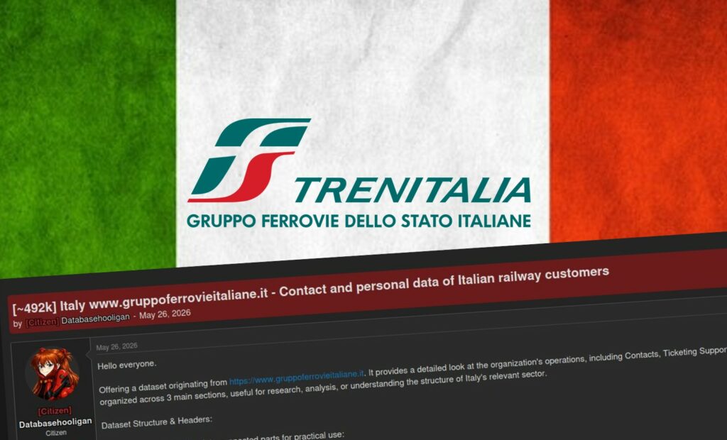 L'immagine è un fotomontaggio a tema cyber-sicurezza, suddiviso visivamente in due sezioni principali sovrapposte. Nella parte superiore, a fare da sfondo, campeggia la bandiera d'Italia con le sue tre bande verticali verde, bianca e rossa, caratterizzata da una texture che ricorda la carta ruvida o il tessuto vissuto. Al centro esatto della bandiera è posizionato il logo ufficiale di Trenitalia, composto dalla tipica "f" stilizzata con i colori verde e rosso e, subito a destra, dalla scritta in stampato maiuscolo "TRENITALIA" in colore verde petrolio. Sotto il nome principale compare la dicitura, più piccola e sempre in maiuscolo, "GRUPPO FERROVIE DELLO STATO ITALIANE". La metà inferiore dell'immagine è parzialmente coperta da uno screenshot inclinato proveniente da un noto forum di hacking o di compravendita di database sul dark web. L'interfaccia del forum ha uno sfondo grigio scuro con dettagli rossi e bianchi. Il titolo del post all'interno dello screenshot recita "[~492k] Italy www.gruppoferrovieitaliane.it - Contact and personal data of Italian railway customers", indicando una presunta violazione di dati che coinvolgerebbe circa 492.000 clienti delle ferrovie italiane. Sotto il titolo è visibile il nome dell'utente che ha pubblicato il post, contrassegnato dal nickname "Databasehooligan" e dal rango "[Citizen]", con una data di pubblicazione che riporta il 26 maggio 2026. Sulla sinistra, il profilo dell'utente mostra un avatar con l'immagine di un personaggio anime dai capelli rossi. Il corpo del messaggio inizia con un saluto e prosegue descrivendo il contenuto del leak, spiegando che si tratta di un dataset proveniente dal sito indicato, utile per scopi di ricerca e analisi, strutturato in tre sezioni principali che includono contatti e dati sul supporto di biglietteria. Più in basso, il testo si interrompe mostrando l'inizio dell'elenco delle intestazioni e della struttura dei dati rubati.