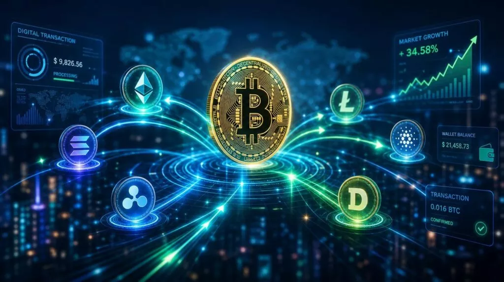 Questa immagine digitale presenta un'elaborata rappresentazione futuristica e tecnologica dell'ecosistema delle criptovalute, caratterizzata da un'estetica cyber punk a tinte blu, verdi e oro. Al centro esatto della composizione si staglia, in una posizione di assoluto rilievo, una grande moneta dorata tridimensionale raffigurante il simbolo del Bitcoin. Questa moneta principale poggia virtualmente su una piattaforma circolare luminosa da cui si diramano flussi di dati e linee di connessione al neon in tutte le direzioni, fungendo da vero e proprio fulcro visivo ed economico della scena. Attorno al Bitcoin sono disposte in cerchio altre sei monete digitali più piccole, ciascuna fluttuante sulla propria base circolare illuminata e associata a una specifica criptovaluta facilmente riconoscibile tramite il proprio logo. Sulla sinistra si distinguono i simboli di Ethereum, Solana e Ripple, mentre sulla destra compaiono i loghi di Litecoin, Cardano e Dogecoin. Ognuna di queste monete emana una tonalità luminosa differente, creando un contrasto vibrante con lo sfondo scuro.