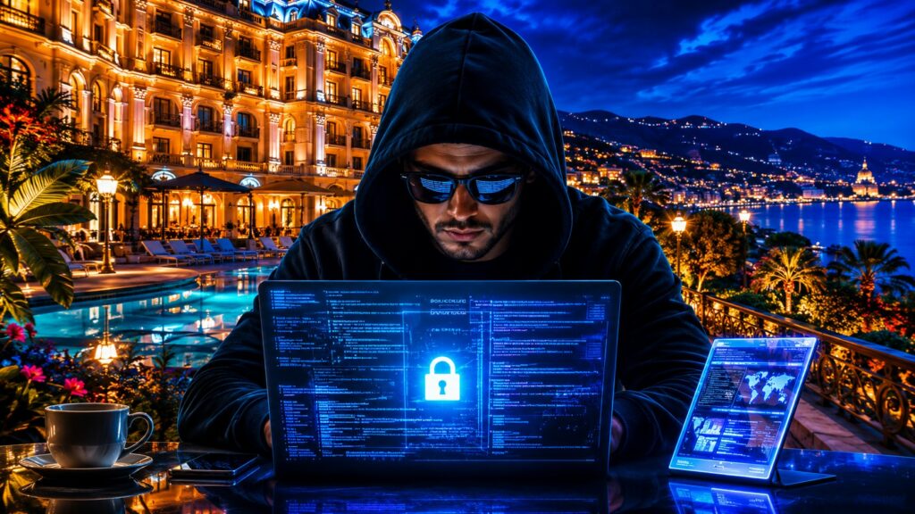 Questa immagine mostra un uomo dall'aspetto misterioso seduto a un tavolo all'aperto di notte, concentrato sullo schermo di un computer portatile. L'uomo indossa una felpa nera con il cappuccio tirato su che gli copre parzialmente la testa e un paio di occhiali da sole scuri che riflettono la luce bluastra dei monitor. Ha la barba corta e un'espressione intensamente focalizzata mentre guarda verso il basso. Davanti a lui, al centro della scena, c'è un grande laptop aperto che proietta una forte luce blu sul suo viso. Sul display si nota una schermata complessa piena di righe di codice informatico e grafici, dominata al centro dall'icona luminosa di un lucchetto bianco, che suggerisce temi legati alla sicurezza informatica o all'hacking. Alla sua destra è posizionato un secondo dispositivo, un tablet o un monitor secondario inclinato, che mostra una mappa del mondo e altri dati digitali sempre sui toni dell'azzurro. Sulla sinistra del tavolo, in primo piano, si trovano una tazzina da caffè con il suo piattino e uno smartphone appoggiato a faccia in giù. Lo sfondo offre un contrasto spettacolare e lussuoso rispetto all'atmosfera cupa del primo piano. A sinistra si erge un imponente hotel o palazzo d'epoca riccamente illuminato da calde luci dorate, completo di una piscina illuminata e palme che evocano una località di villeggiatura esclusiva. A destra, la vista si apre su una costa marittima notturna, con le luci di una città costiera che si riflettono sull'acqua scura e colline che si profilano sotto un cielo blu profondo, parzialmente nuvoloso. L'intera composizione gioca fortemente sul contrasto cromatico tra il calore dorato dell'architettura e la fredda luce blu dei dispositivi tecnologici.