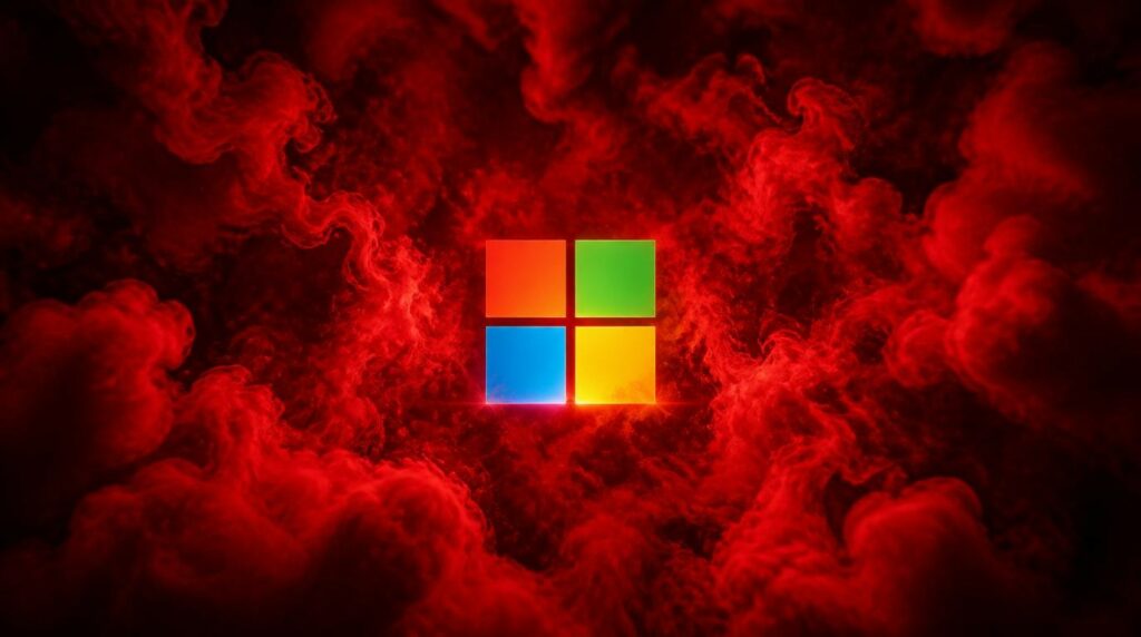 Immagine del logo di Windows 10 con grafica moderna e sfumature rosse.