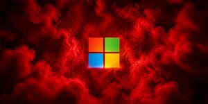 Immagine del logo di Windows 10 con grafica moderna e sfumature rosse.