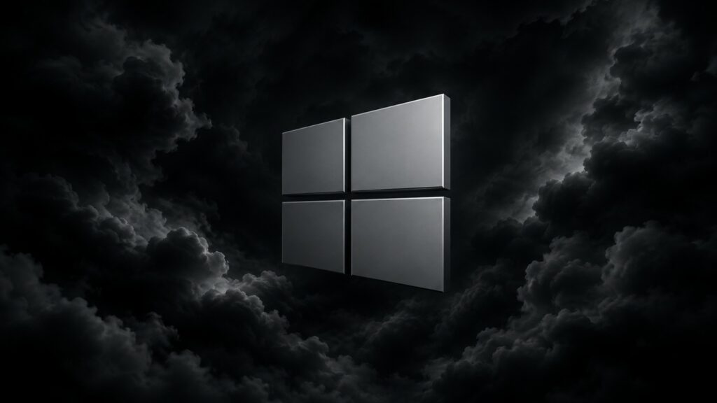 Il design grafico presenta il logo di Windows al centro, con i suoi quattro quadrati colorati - rosso, giallo, verde e blu - che formano un quadrato all'interno di un altro. Sopra il logo, nuvole scure sembrano aprirsi per rivelare uno scorcio di cielo grigio e nero, creando un'atmosfera minacciosa o tempestosa. Lo stile dell'immagine è moderno e pulito, con un forte contrasto tra i colori vivaci del logo e lo sfondo cupo. La composizione trasmette un senso di intensità e drammaticità, potenzialmente riflettendo il potere e l'impatto del sistema operativo Windows.