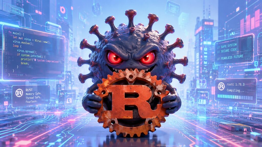 Un malware si trova in posizione centrale, tenendo in mano il logo Rust, un linguaggio di programmazione. L'immagine mostra il malware in azione, confondendo i sistemi di analisi AI, un attacco informatico specifico che utilizza Rust per generare errori nei sistemi di intelligenza artificiale. Il logo Rust è visibile in primo piano, con un'atmosfera tecnica e minacciosa, evidenziando l'uso di Rust come strumento per attacchi informatici avanzati.