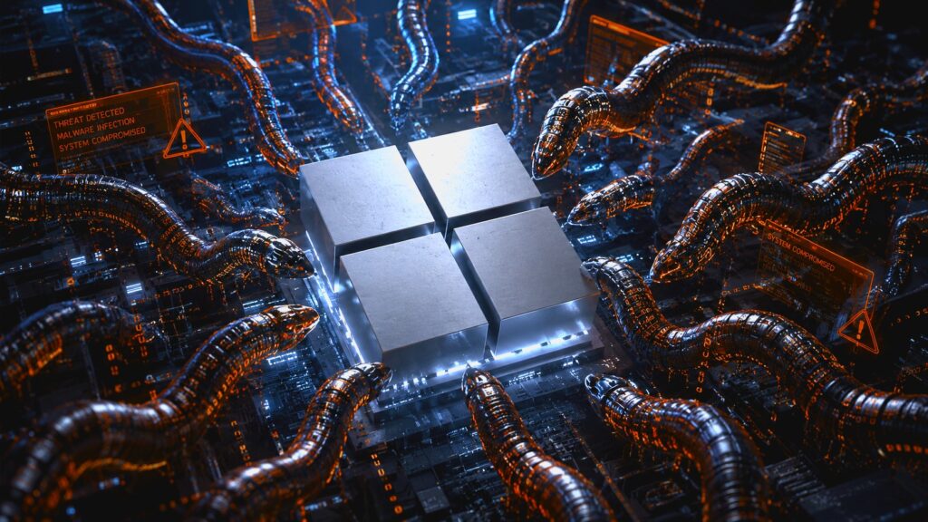 Un logo Microsoft in 3D centrale, circondato da vermi che sembrano malware, rappresentando l'attacco di Miasma su 73 repository Microsoft contaminati. L'immagine illustra il pericolo della supply chain attack che minaccia gli hyperscaler, mostrando come i vermi malware cercano di infettare i repository Microsoft, mettendo a rischio la sicurezza delle piattaforme cloud.