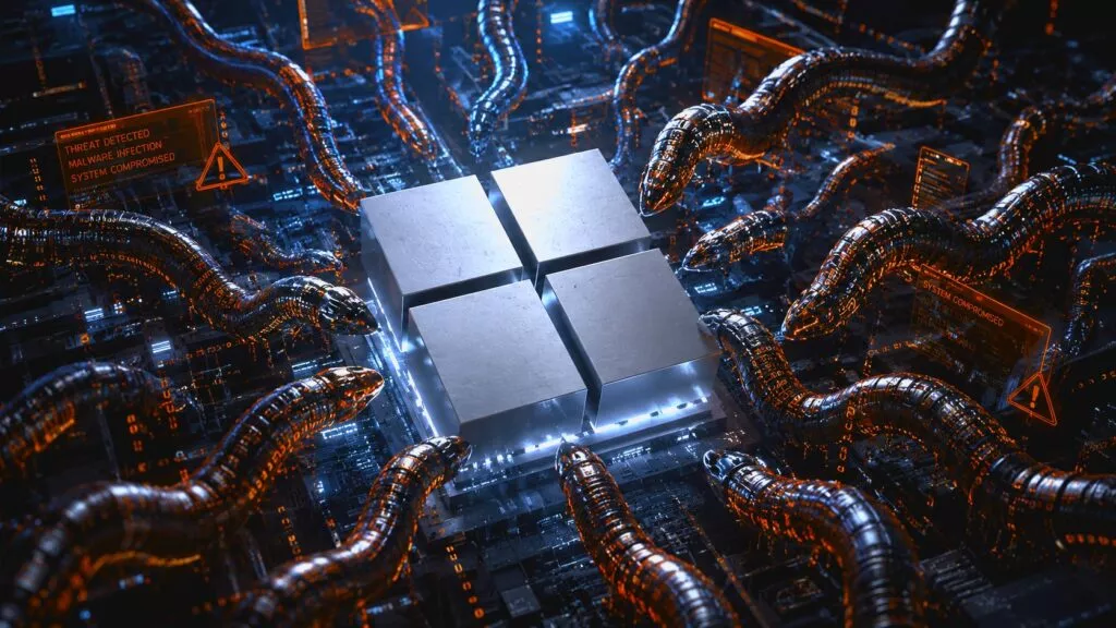 Un logo Microsoft in 3D centrale, circondato da vermi che sembrano malware, rappresentando l'attacco di Miasma su 73 repository Microsoft contaminati. L'immagine illustra il pericolo della supply chain attack che minaccia gli hyperscaler, mostrando come i vermi malware cercano di infettare i repository Microsoft, mettendo a rischio la sicurezza delle piattaforme cloud.