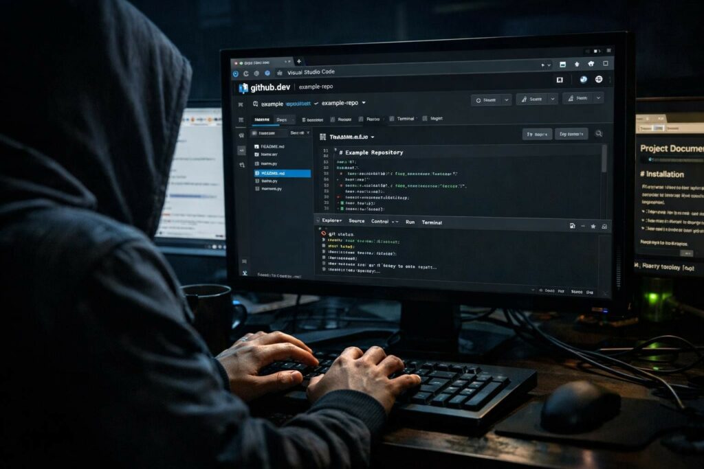 Una persona è seduta a una scrivania con le mani sulla tastiera, completamente assorbita dalla digitazione su uno schermo di computer. L'individuo indossa un cappuccio che copre il volto, conferendogli un'aria di anonimato o segretezza. Lo schermo del computer mostra quello che sembra essere codice, suggerendo che la persona potrebbe essere impegnata in attività di sviluppo software o in qualche forma di compito digitale. L'ambiente è realistico con una forte enfasi sull'individuo e sulla sua attività, creando un senso di mistero riguardo alla sua identità e scopo. La palette di colori è smorzata, con toni scuri che dominano la scena, contribuendo all'atmosfera complessiva di mistero e leggermente minacciosa.
