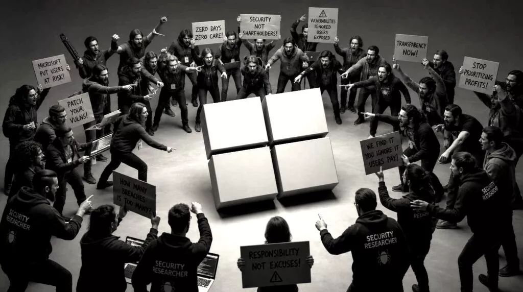 Un gruppo di ricercatori di sicurezza, sono radunate intorno a un grande logo di Microsoft. Alcuni partecipanti tengono cartelli con testo, mentre altri osservano passivamente. Le espressioni e i gesti indicano tensione e conflitto, suggerendo una manifestazione o dimostrazione pubblica. L'atmosfera è cupa e drammatica, con toni scuri predominanti.