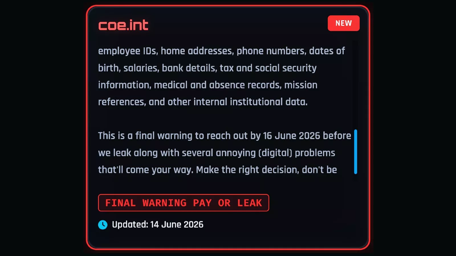 Screenshot Avviso Ransomware Coe Int