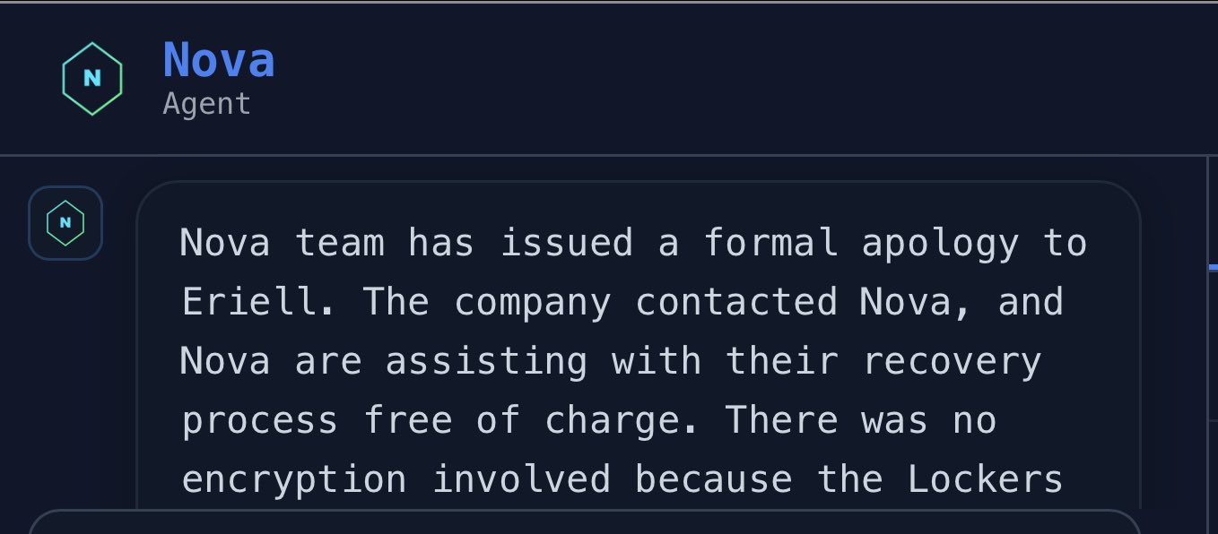 Sullo schermo &egrave; visibile un messaggio o una notifica proveniente dall'entit&agrave; NOVA, che sembra far parte di un sistema o organizzazione pi&ugrave; ampia. Il testo discute una scusa formale presentata da Eriell, membro del team NOVA.