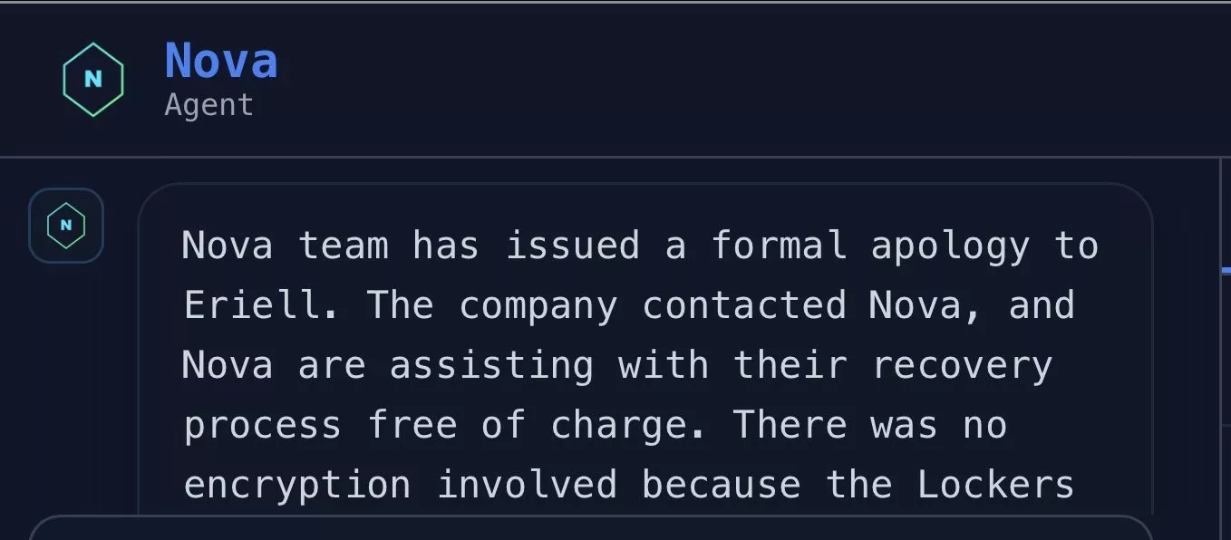 Sullo schermo &egrave; visibile un messaggio o una notifica proveniente dall'entit&agrave; NOVA, che sembra far parte di un sistema o organizzazione pi&ugrave; ampia. Il testo discute una scusa formale presentata da Eriell, membro del team NOVA.