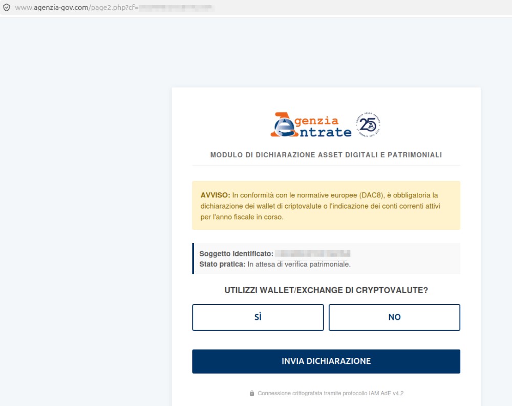 Screenshot di una pagina web in italiano con un logo in alto seguito dal testo 'ENTRATE'. Sotto il logo, ci sono due bottoni etichettati 'SI' e 'NO', probabilmente per le opzioni di selezione dell'utente. Una sezione &egrave; intitolata 'IMPORTANTE', che traduce 'IMPORTANT'. Il contenuto principale del testo non &egrave; chiaramente leggibile a causa della risoluzione o dell'angolazione dello screenshot, ma sembra riguardare la cybersecurity o la gestione degli asset digitali. La pagina ha un'intestazione con il logo e le opzioni di navigazione, seguita da una sezione con bottoni per l'interazione dell'utente.