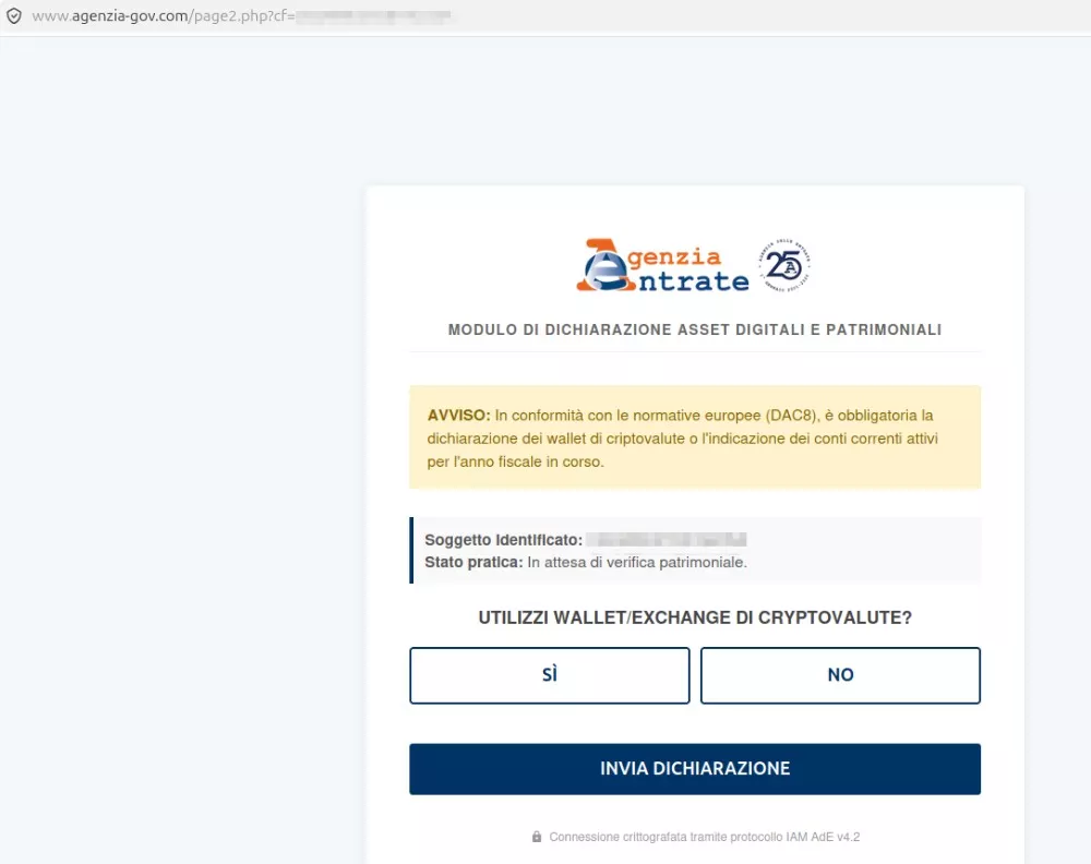 Screenshot di una pagina web in italiano con un logo in alto seguito dal testo 'ENTRATE'. Sotto il logo, ci sono due bottoni etichettati 'SI' e 'NO', probabilmente per le opzioni di selezione dell'utente. Una sezione &egrave; intitolata 'IMPORTANTE', che traduce 'IMPORTANT'. Il contenuto principale del testo non &egrave; chiaramente leggibile a causa della risoluzione o dell'angolazione dello screenshot, ma sembra riguardare la cybersecurity o la gestione degli asset digitali. La pagina ha un'intestazione con il logo e le opzioni di navigazione, seguita da una sezione con bottoni per l'interazione dell'utente.