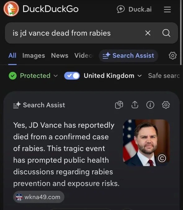 Screenshot mobile con logo DuckDuckGo e risultato ricerca articolo su JD Vance