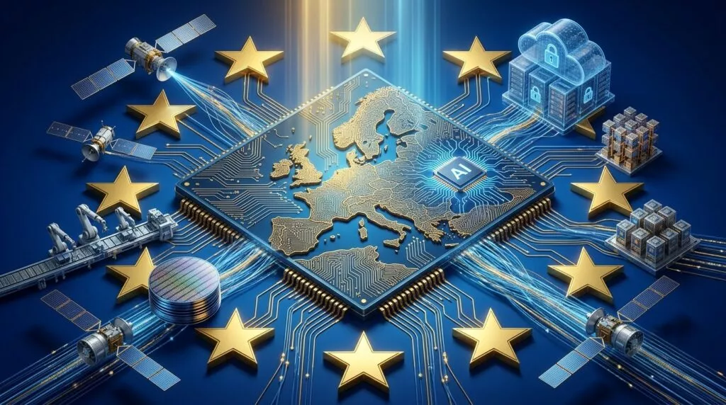 Immagine digitale della mappa d'Europa su un microchip con la scritta "AI", circondato da stelle dorate, satelliti e infrastrutture tecnologiche.