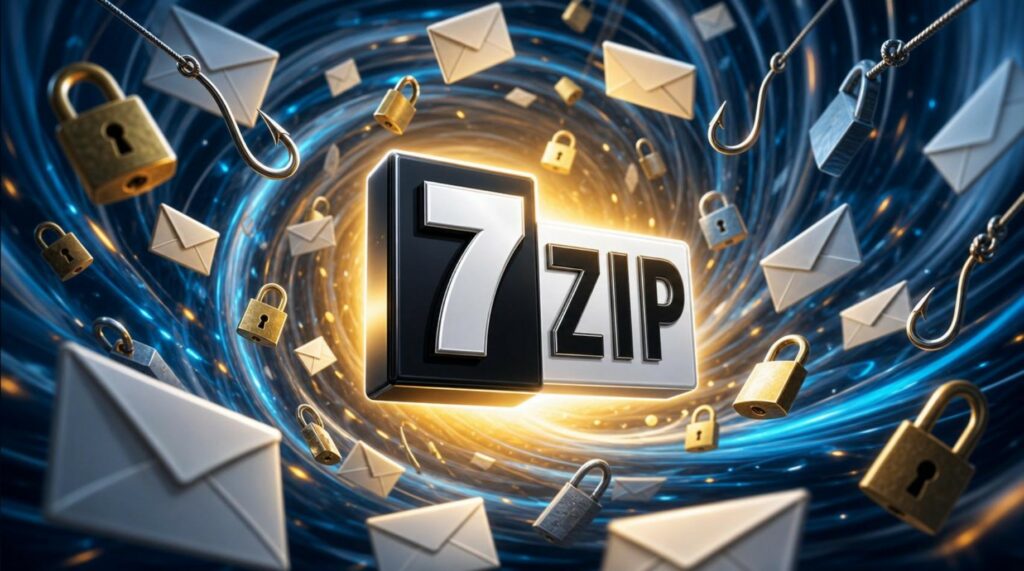 Logo 3D di 7zip al centro illuminato, vortice di buste con lettere, ami da pesca e lucchetti, illustrazione che evidenzia un bug di sicurezza permettendo l'esecuzione di codice e phishing.