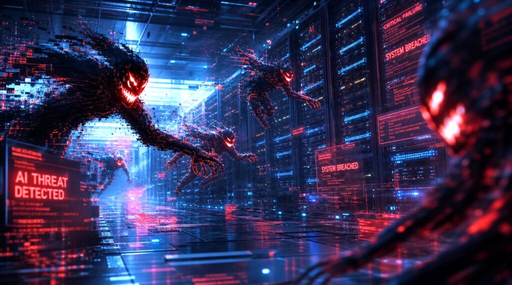 Agenti AI malevoli in azione all'interno di un datacenter con server, tecnologia, glitch visibili e luce intensa che evidenzia l'attacco cyber.