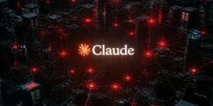 il logo di Anthropic Claude mentre si vedono dei nodi che violano sistemi